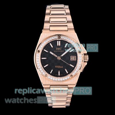 IWS Swiss Replica IWC Schaffhausen Ingenieur Black Dial Diamond Rose Gold Ladies Watch 